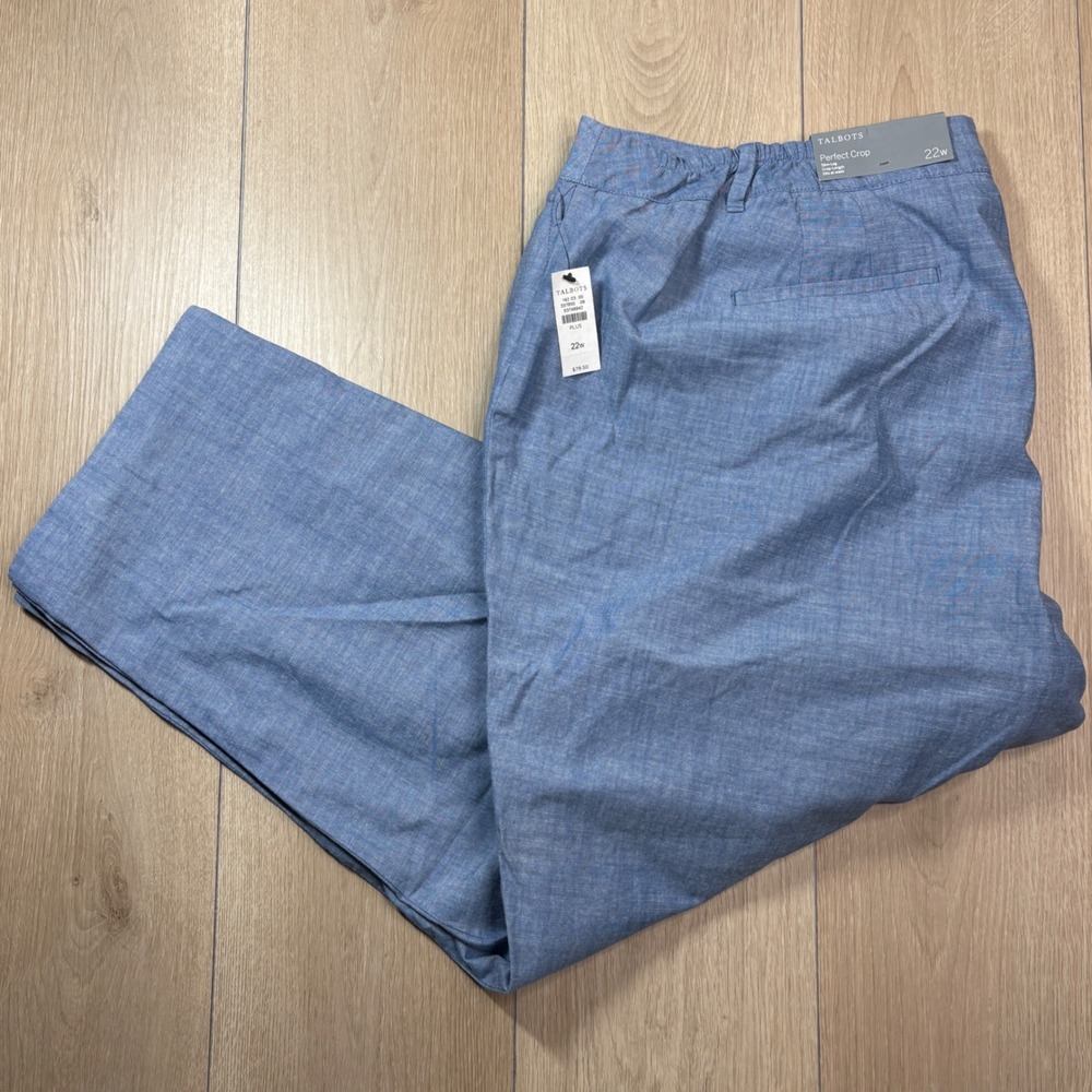 Talbots Perfect Crop Blue Chambray Slim Leg Pants Button Accent 22W Plus NWT